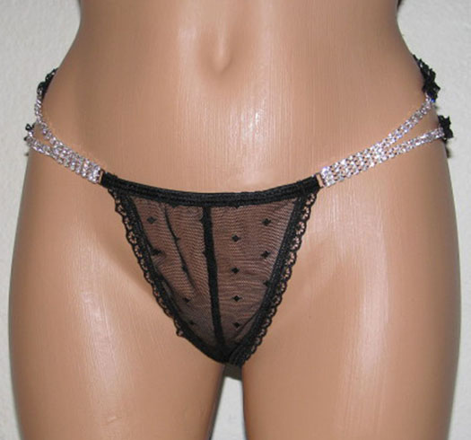 Sheer black lace rhinestone thong.