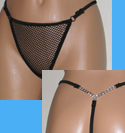 See thru fishnet g-string with rhinestones.